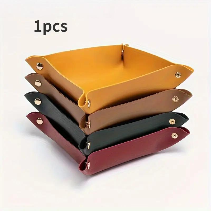 1PC 20cm/7.87inch PU Leather Box Desktop Storage Tray Jewelry Cosmetic Key Stuff Storage Basket Folding Table Organizer Case