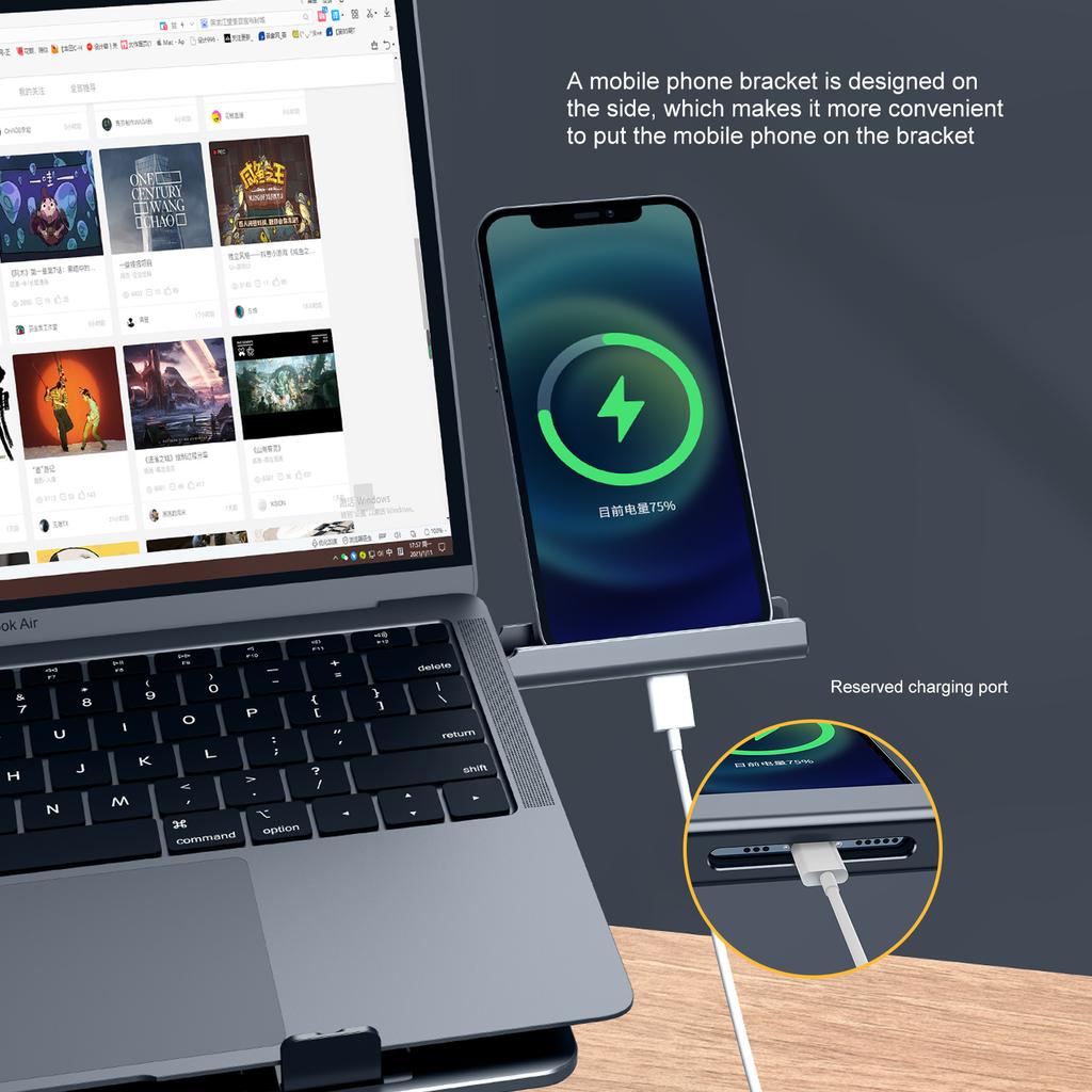 Oatsbasf Foldable Laptop Stand for Desk with Hidden Phone Stand For MacBook Pro Air Hp Tablet Adjustable Height Notebook Holder