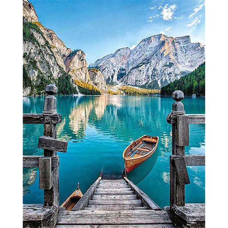 Full Round Drill DIY Diamond Painting Boat Full Round Drill Lake Scenery Embroidery Cross Stitch Home Decor Gift