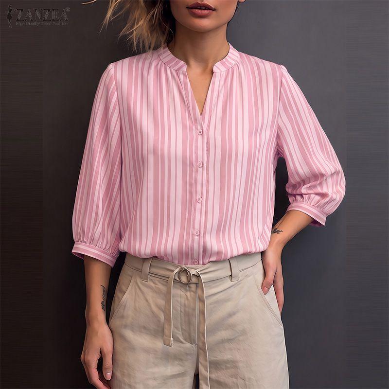 ZANZEA Women Commute Casual V-Neck Stripe Print Loose 3/4 Sleeve Blouse