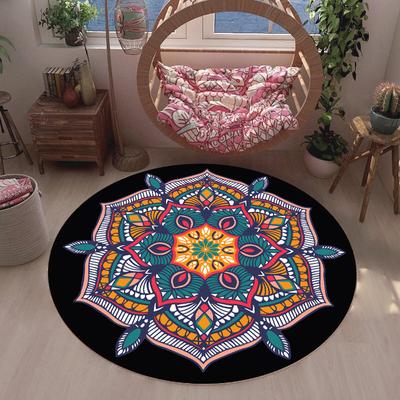 Mandala Print Round Carpet Colorful Flowers Design Non-Slip Rug Boho Ethnic Style Home Decoration Mat for Living Room Bedroom