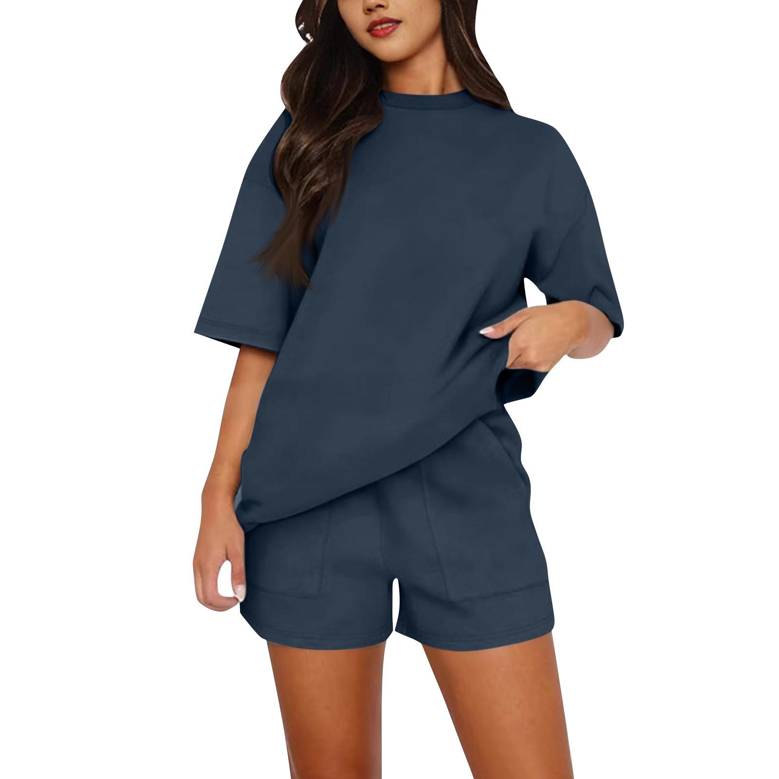 

Женский летний свободный жилет для пляжного отдыха с круглым вырезом и элегантной рубашкой с коротким рукавом и шортами XL тёмно-синий