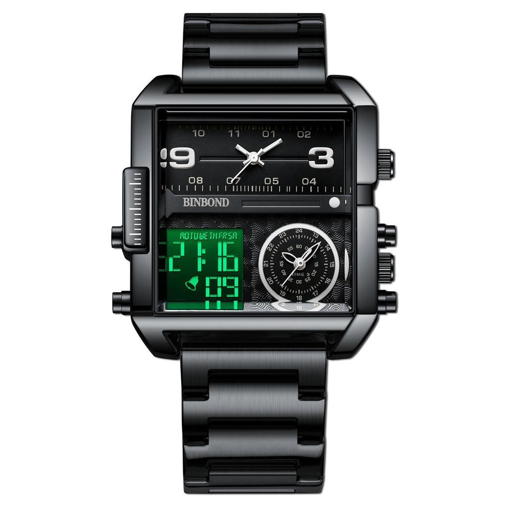 Binbang Fashion Men's Domineering Quartz Watch with Large Square Dial and Triple Display