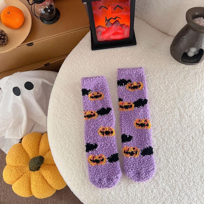 Halloween Coral Velvet Women's Socks Don't Shed Hair Cartoon Warm Middle Socks