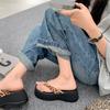 Krazing Pot Natural Skin Horsehair Handmade Summer Size 40 High Quality Slip On French Chic Flat Platform Flip Flops Women Peep Toe Sandals
