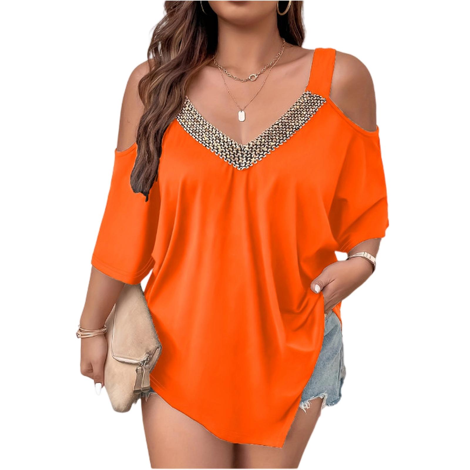Plus Size Women s Fashion Casual Loose Elegant V-neck Sling Camisole Off-shoulder Top XXXL оранжевый