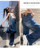 Women's Retro Dark Blue Embroidered Wide-Leg High-Waisted Jeans, 2025 Autumn Collection, Loose Slimming Floor-Length Trousers