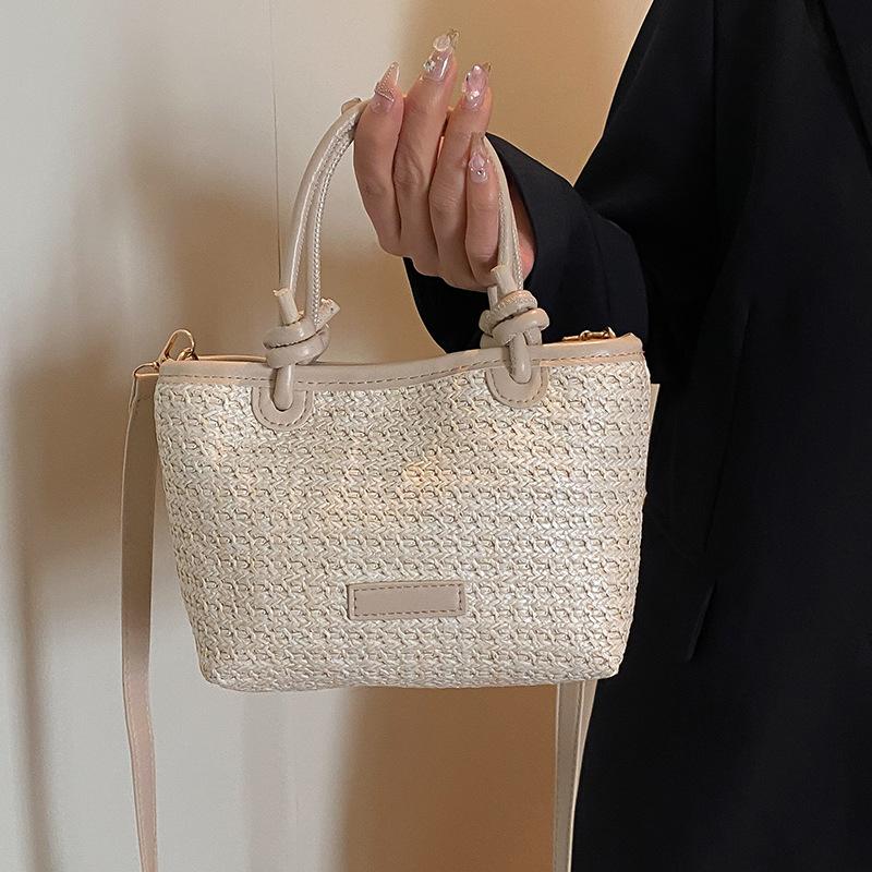 Geantă de paie țesută pentru vacanță de vară, geantă de mână crossbody, stil nou la modă, cu frânghie înnodată, geantă de coș de legume țesută, geantă
