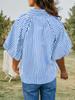 Blusa de Mujer Rayada con Mangas Abullonadas, Cuello en V, Cuello Camisero, Botones, Top Holgado