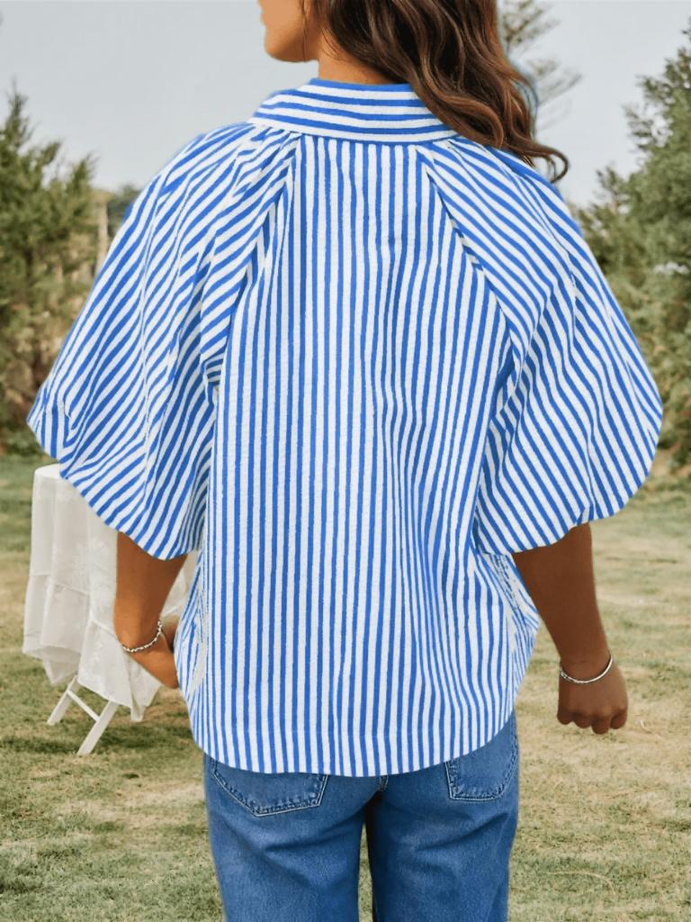 Blusa de Mujer Rayada con Mangas Abullonadas, Cuello en V, Cuello Camisero, Botones, Top Holgado