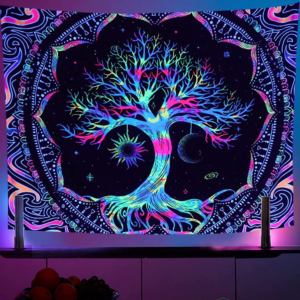 Tapeçaria fluorescente colorida psicodélica de luz negra da árvore da vida com resposta UV para pendurar na parede decoração de quarto hippie