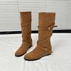 5 Cm Heightened Belt Buckle Maillard Boots Women's 2025 New Retro Round Head Pleated Suede Knight Boots