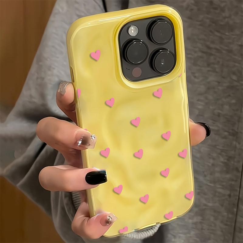 Cute Pink Heart Phone Case for iPhone 17 16 15 Pro 14 Plus 13 12 11 Pro Max Air 16E Wavy Shockproof Soft TPU Protective Cover