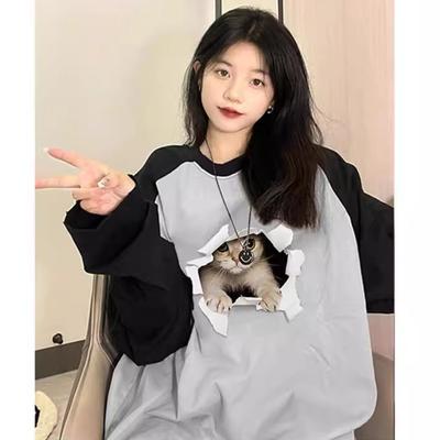 Vintage Cartoon Katze Print Langarm T-Shirts Herbst Harajuku Farbnaht Damen Casual Oversized T-Shirt Y2k Top Streetwear