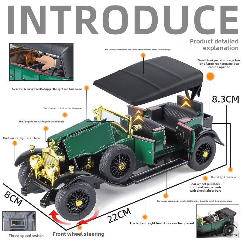 Simulation 1/24 Rolls-Royce Phantom Vintage Car Alloy Car Model Collection Ornaments Sound Light Pull Back Boy Gift Sound Light Miniature