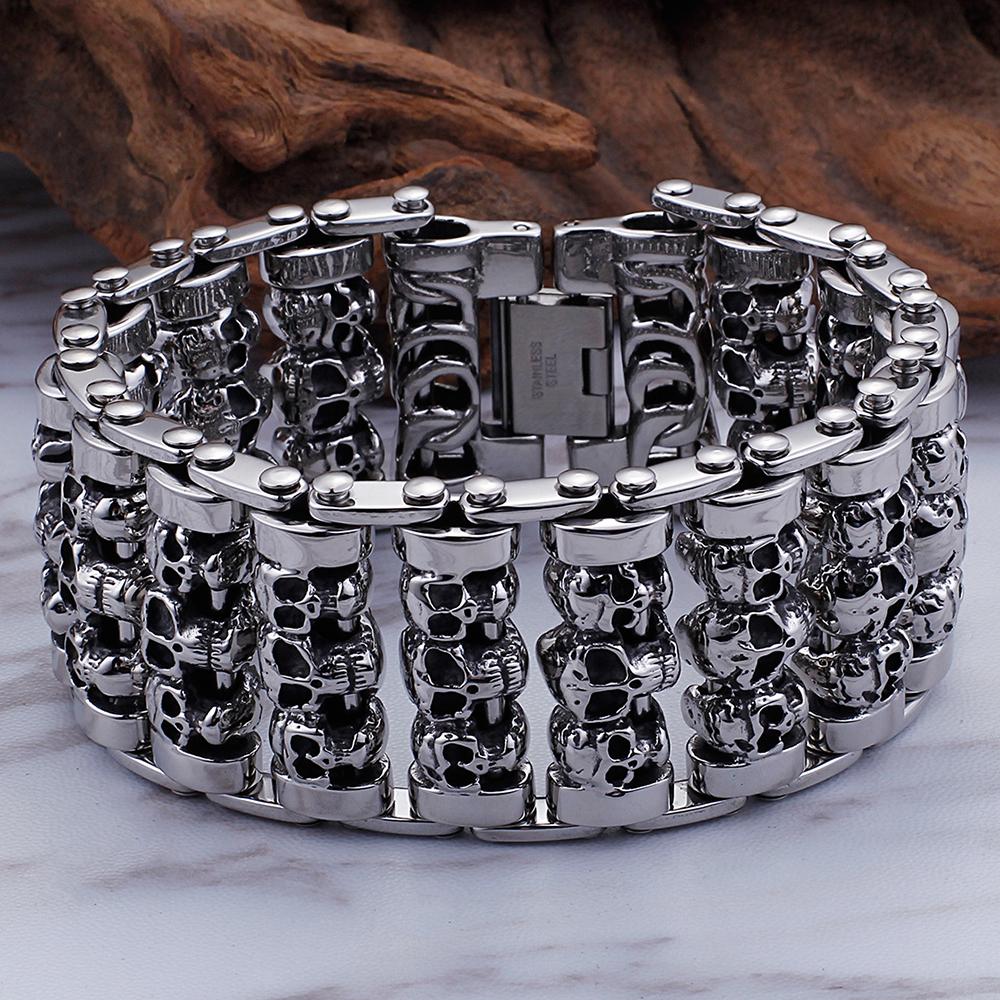 Gothic Herren Schädel Armband für Männer Massiv 316L Edelstahl 35MM Breite Punk Kette Armband Handschmuck Skelett Accessoires