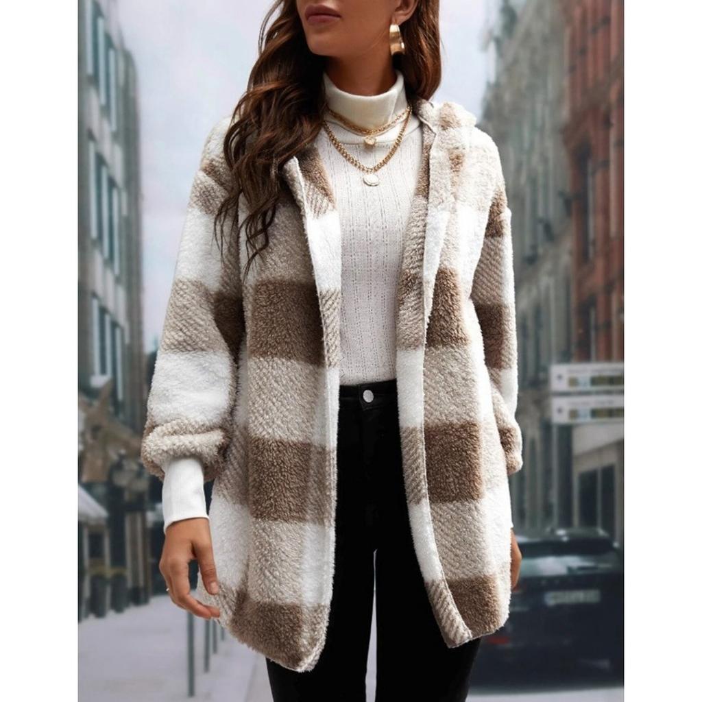 Women's Autumn and Winter Hooded Plaid Warm Top, Mid To Long Plush Cardigan Jacket