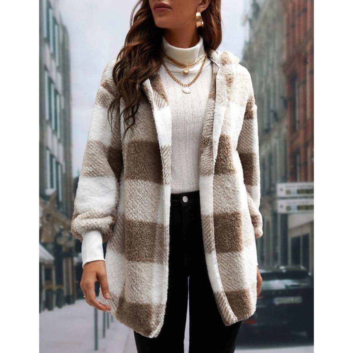 

Женский осенне-зимний теплый топ в клетку с капюшоном, плюшевый кардиган средней длины S хаки