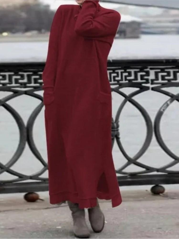 Yeni Sonbahar ve Kış Gevşek Uzun Etek Artı Kadife Sweatshirt Günlük Elbise Kadın Moda Düz O Yaka Uzun Kollu Tatil Elbisesi