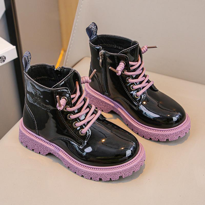 Girls' Patent Leather Ankle Boots - Autumn/Winter Plus Velvet, Zipper Design, Sequin Accents, Suitable for Middle To Big Kids and Babies