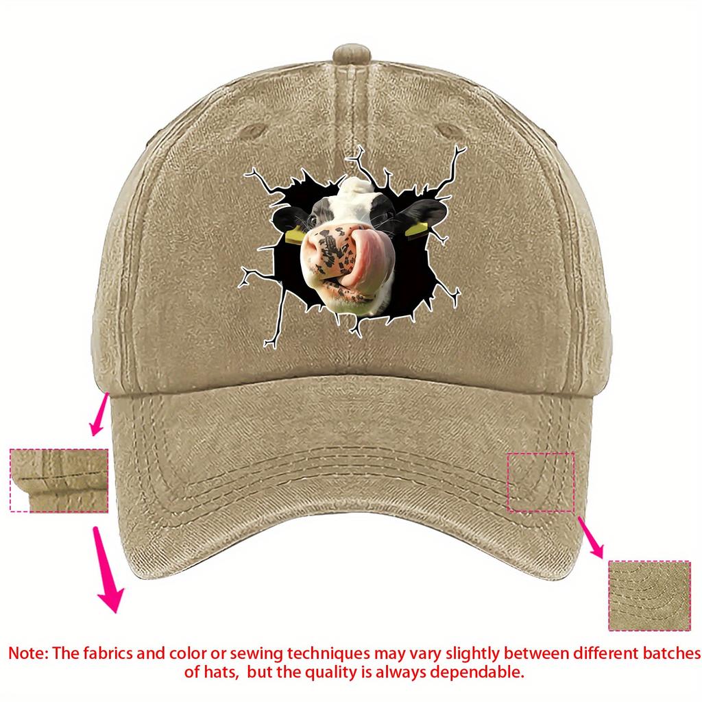 Funny Licking Cow Breaking Through Denim Baseball Cap Unisex Casual Washed Adjustable Farm Hat