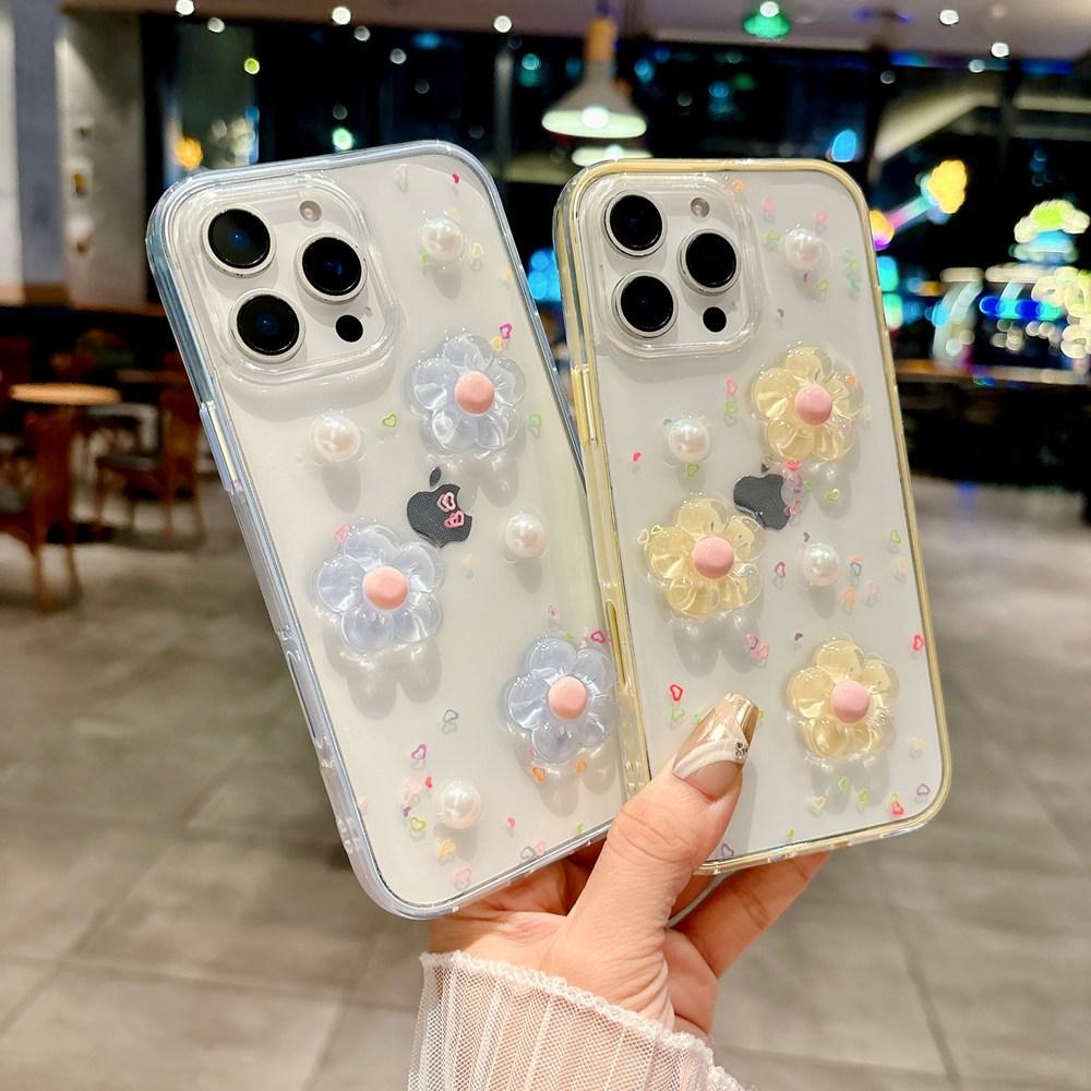 INS Korea 3D Flower 2 IN 1 Transparent Phone Case For iPhone 17 16 12 13 14 15 Pro Max Shockproof Frame Clear Soft Cover