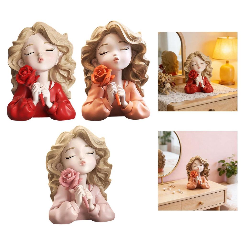 Resin Girl Statue Holding Flower Desk Figure Indoor Home Decor Decoration Sculpture for Mother Day Xmas Birthday Lovers Shelf
