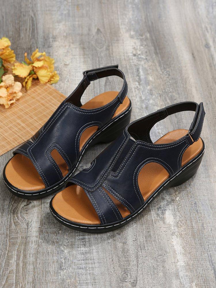 

Large size 2025 summer European and American sandals women s Velcro stitching side empty open toe solid color leather stitching spot 43 чёрный