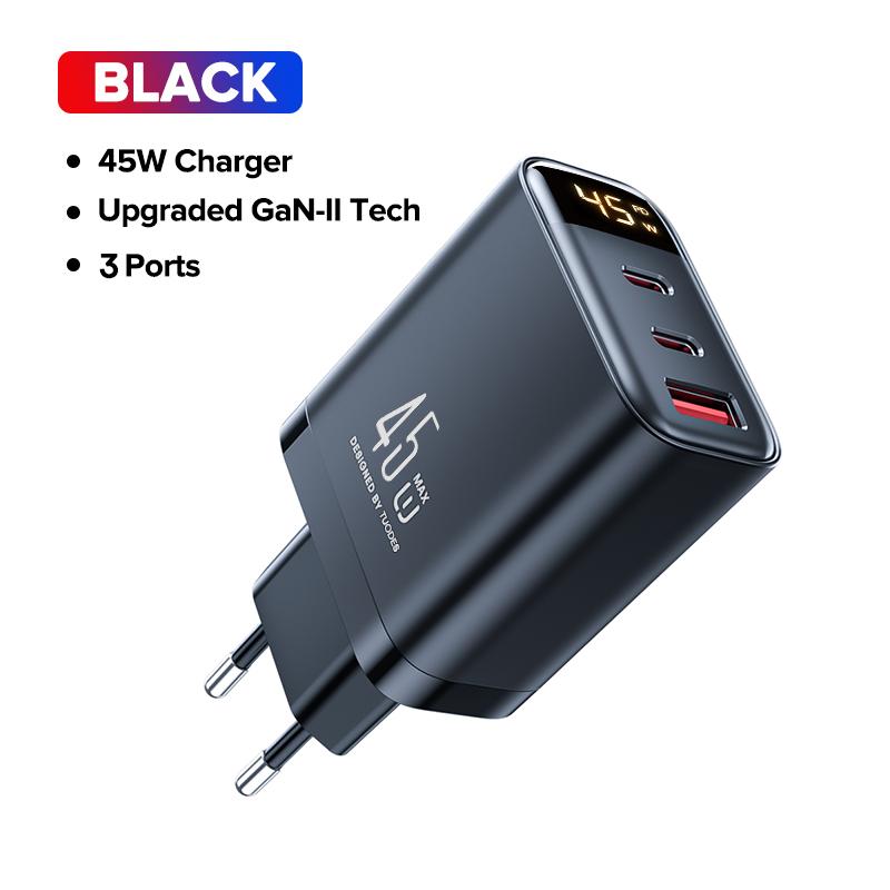 

TUODES 45 Вт GaN USB Зарядное устройство 3 порта USB Type C Быстрая зарядка PD3.0 Quick Charge Сетевой адаптер для iPhone Samsung Xiaomi iPad чёрный