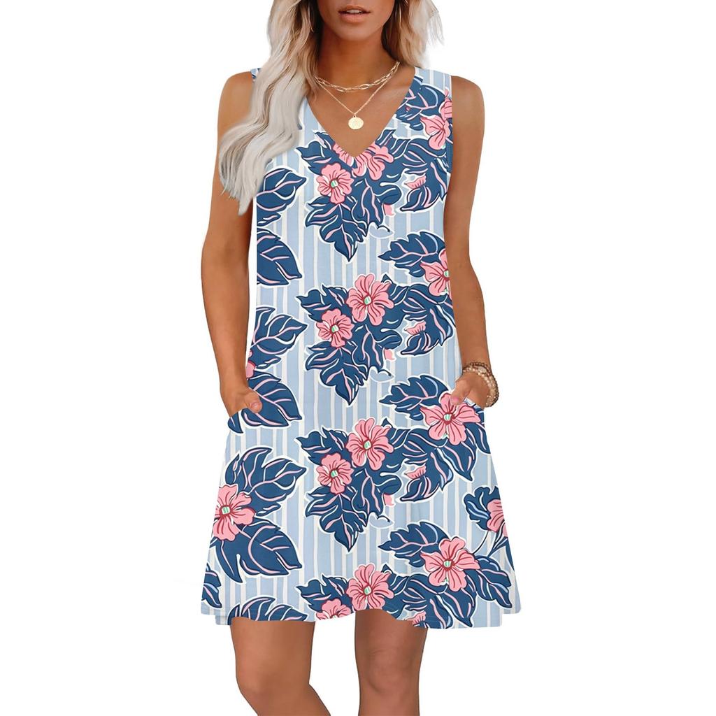 Women's Summer Dresses Loose Fit Printed V Neck Sleeveless Sundresses Beach Hawaiian Dress With Pockets