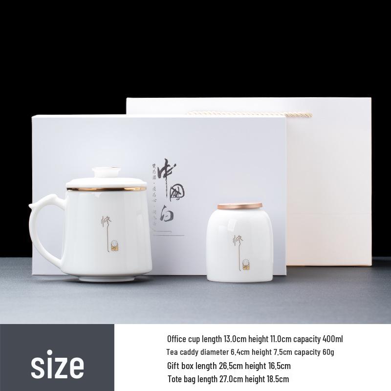 White Porcelain Office Tea Cup with Filter – Mutton Fat Design for Personal Use and Gift
