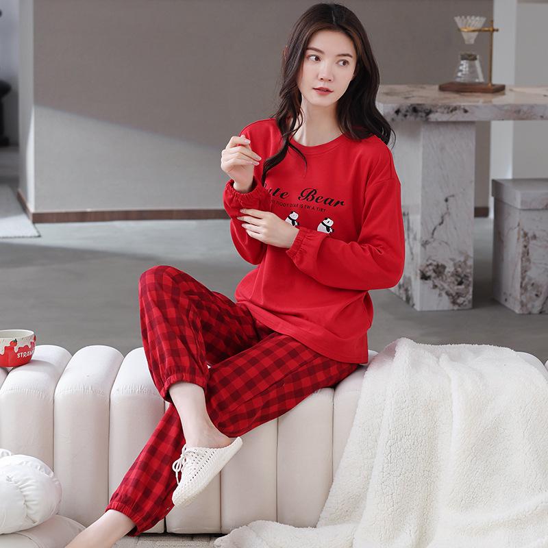 Aifen Teng Women's Pajamas Set: Pure Cotton, Long Sleeve, Long Pants, Casual Home Wear, Suitable for Spring, Autumn, and Winter.