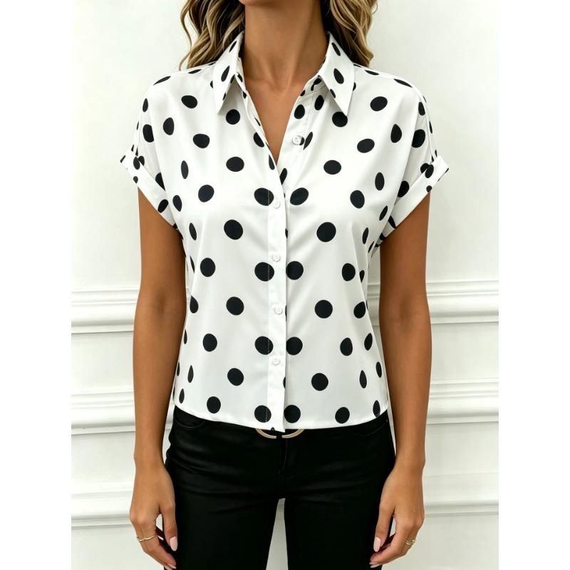 Women Polka Dot Lapel Roll Up Short Sleeve Button Down Casual Loose Blouse Shirt