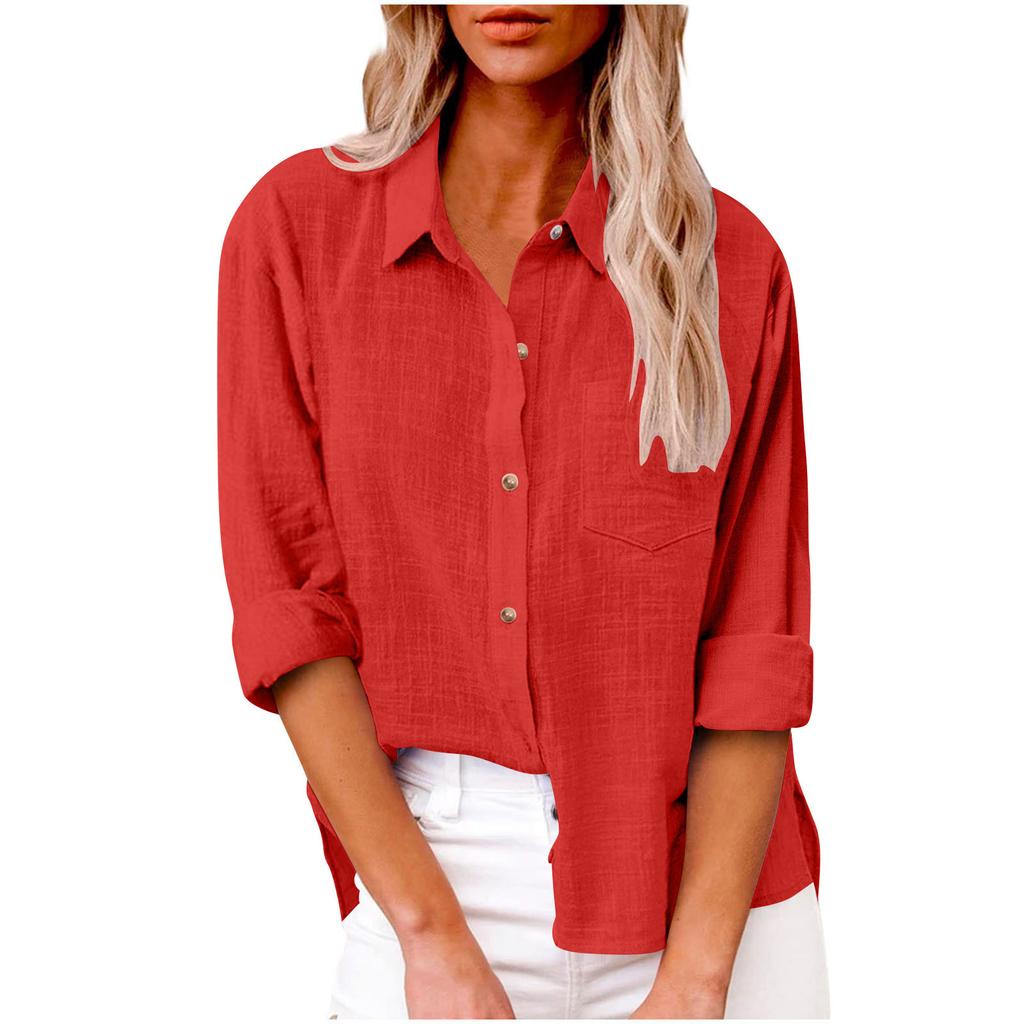 Women Linen Blend Button Down Shirt Turn‑Down Collar Roll‑Up Sleeve Chest Pocket Loose Fit Solid Color Casual Office Blouse Top
