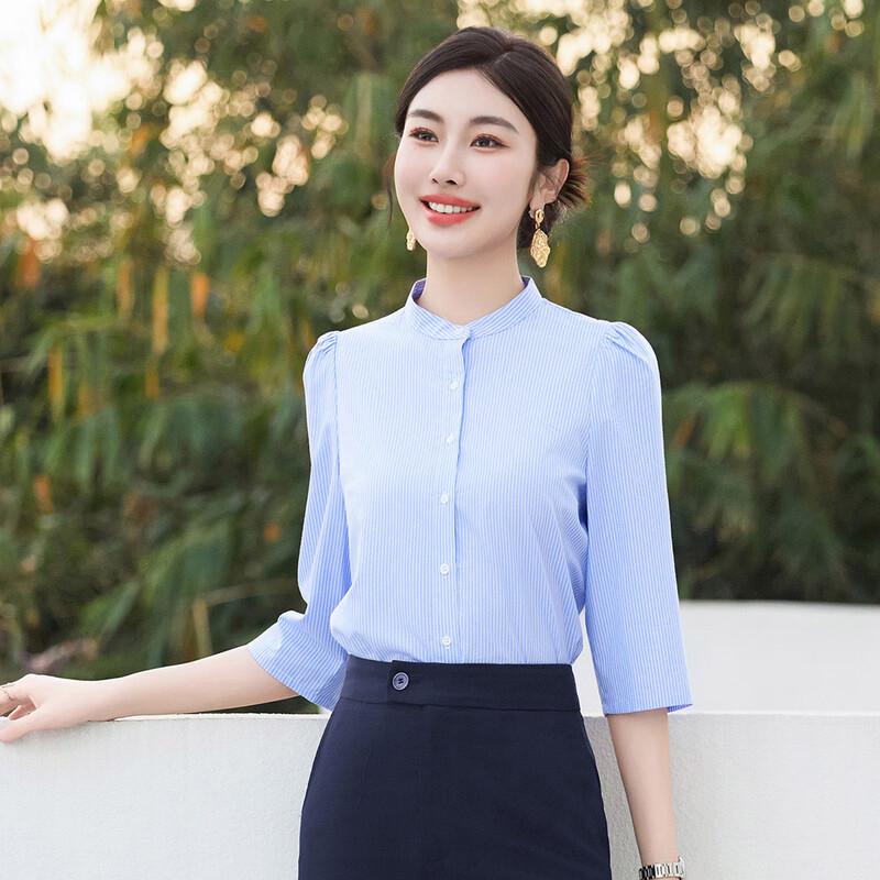 Telo Man Women's Blue Striped 3/4 Sleeve Stand Collar Shirt