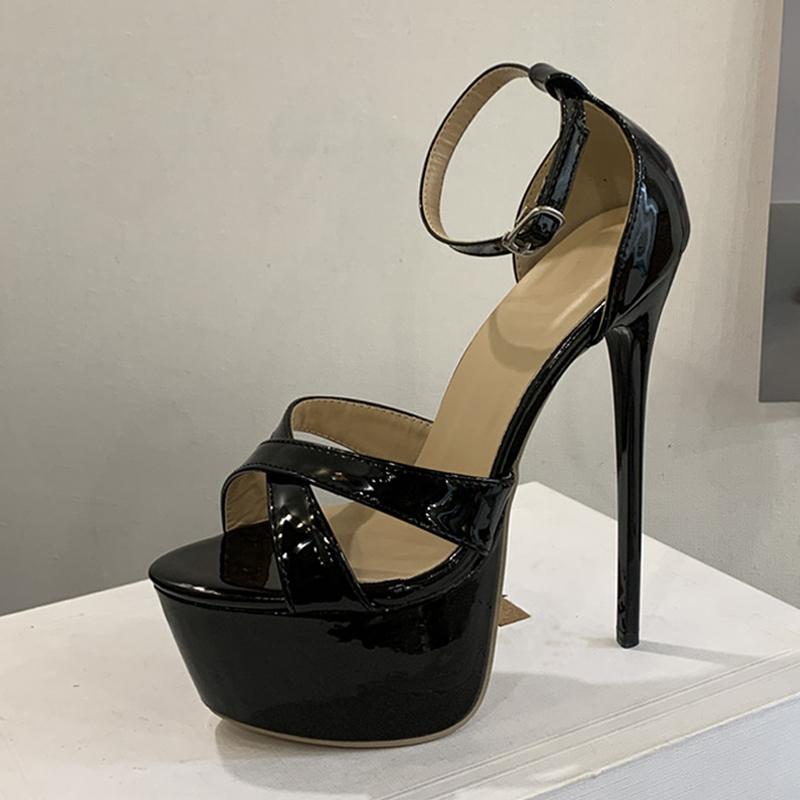 Black Patent Leather Women Sexy Fetish Sandals Thick Bottom Open Toe Platform High Heels Party Stripper Shoes Size 35-42