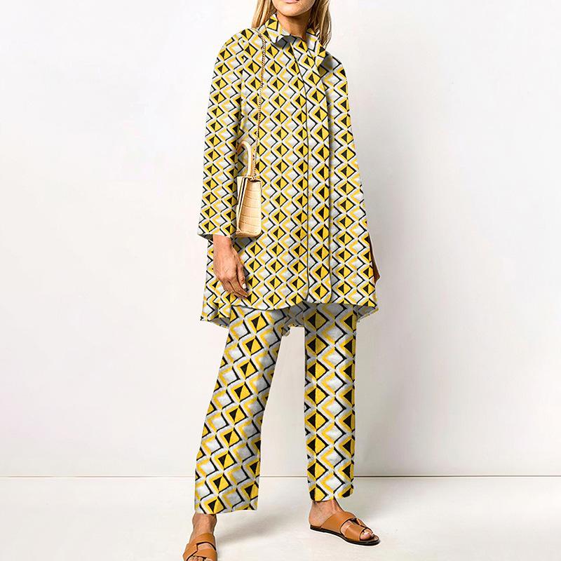 Grünes geometrisches Print Damenhemd und Wide Leg Hosen Kombinationsset