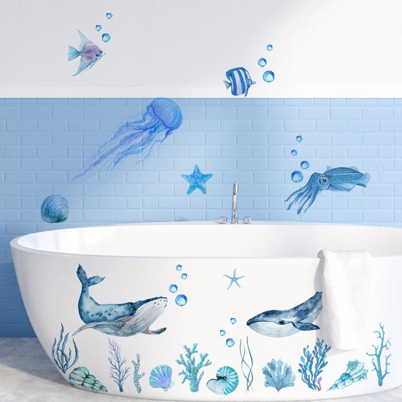 Sea Animals Seaweed Jellyfish Bubble Wall Sticker Bathtub Wall Sticker Background Wall Bathroom Decorative Wall Sticker