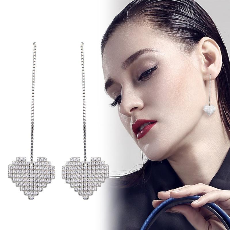 

Sterling Silver Light Luxury Long Heart Stud Earrings, Women S High Sense, Fashion Temperament, Love, Slightly Inlaid With Diamond Earrings 925 silver