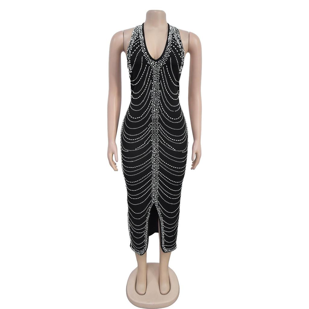 Sexy Figurbetontes Langes Damenkleid mit Strasssteinen