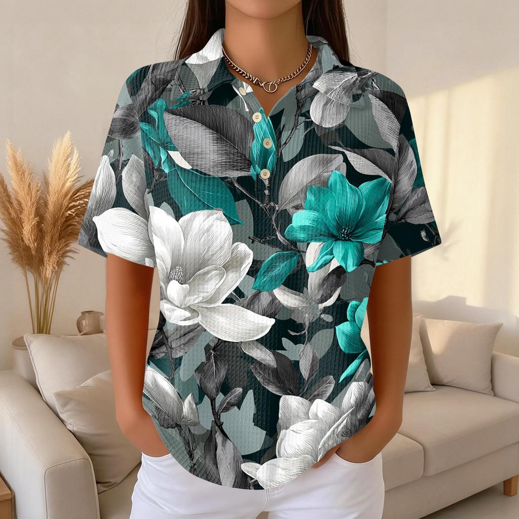 Women's Casual Short Sleeve Waffle Knit Polo Shirt Vintage Floral Print Button Down Collared Top Lightweight Breathable Fabric