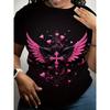 European Size Women's Plus-Size Gothic Heart Cross Wings T-Shirt - Pink & Black Batwing & Cross Print Short-Sleeve Top, Round Neck Casual Tee