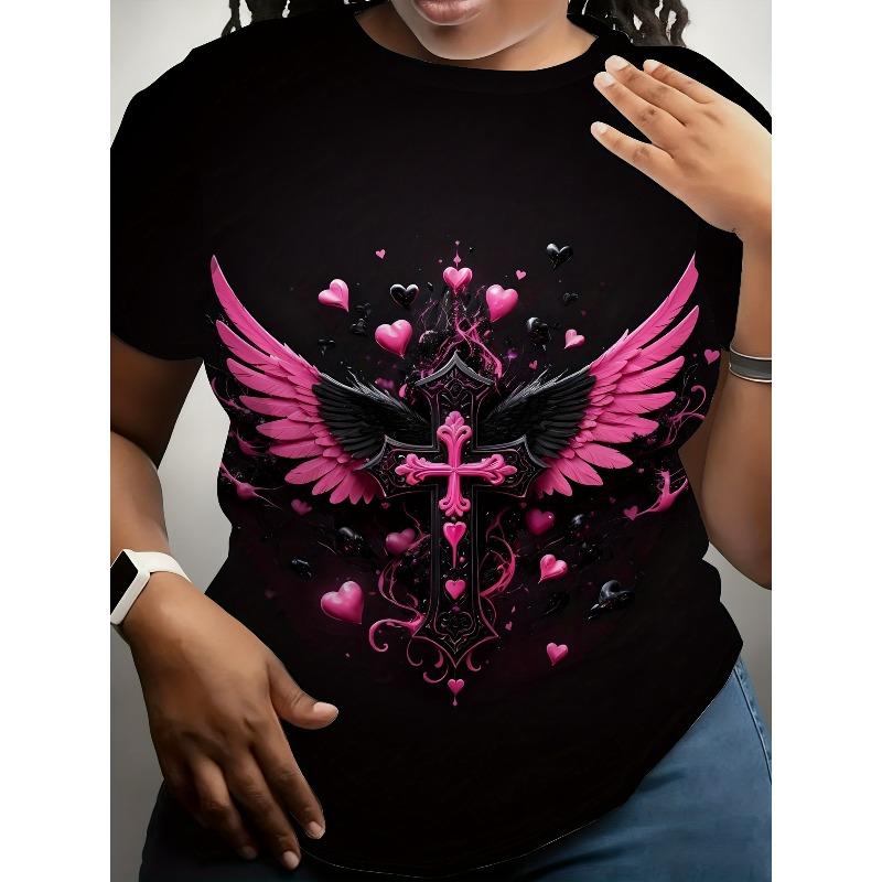 

European Size Women s Plus-Size Gothic Heart Cross Wings T-Shirt - Pink & Black Batwing & Cross Print Short-Sleeve Top, Round Neck Casual Tee 4XL