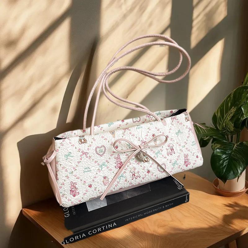 Fashion Sweet Bow Shoulder Bag Cartoon Print Underarm Bag Female Tote Bag Versatile Large Capacity Commuter Handbag Holiday Gift