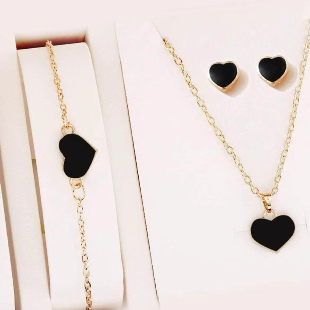 5 Piece Set Women Black Heart Zircon High End Fashion Creativity Suitable Gift Giving Necklaces Bracelets Rings Earrings Set