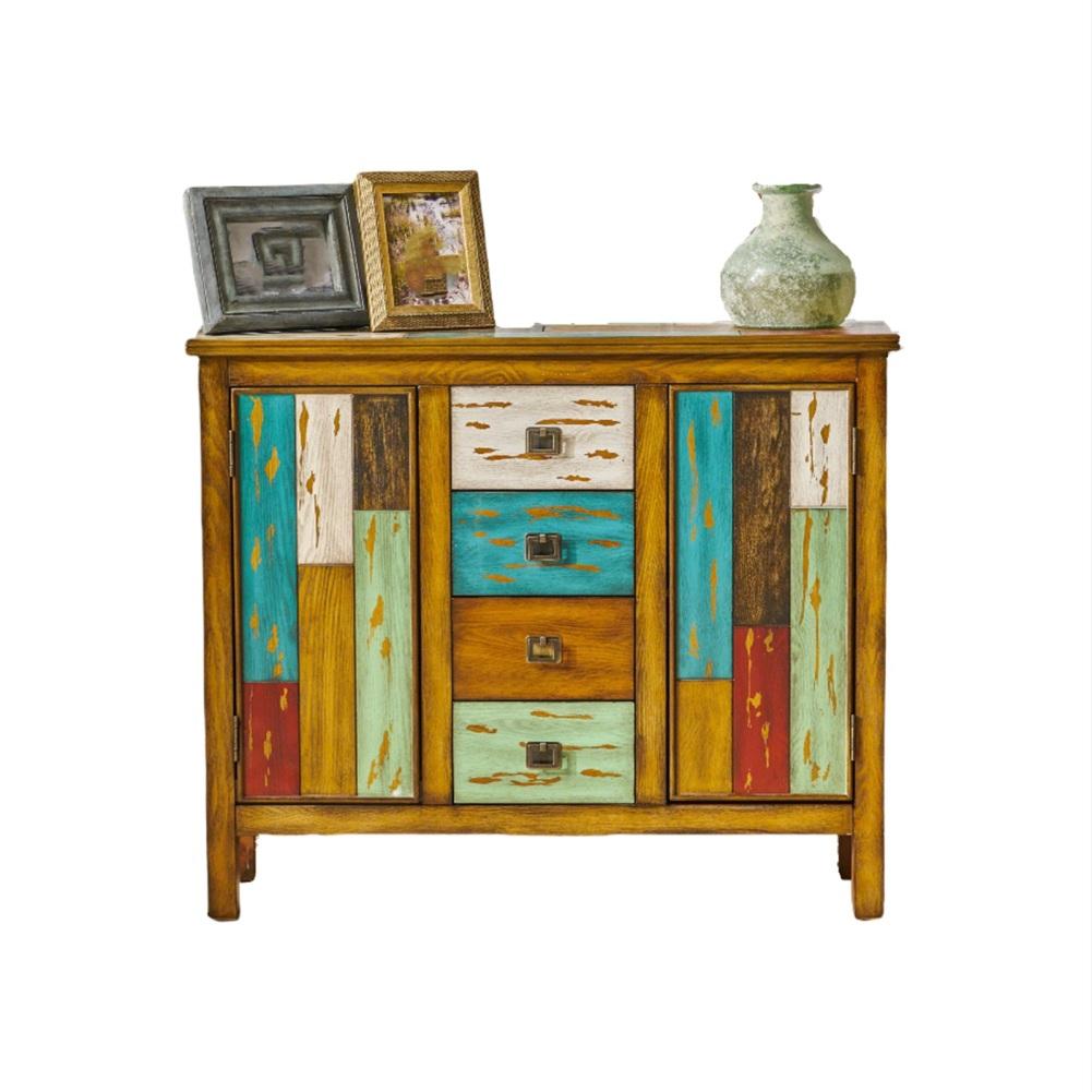 Vintage Sideboard Cabinet Coffee Bar Buffet Table With 4 Drawers And 2 Doors Wood Legs Supports Distressed Floor Storage Cabinet