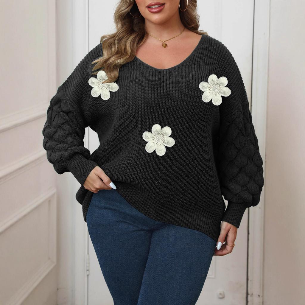 A Large-sized Sweater with Pineapple Sleeves and A Patchwork Base Layer, A Three-dimensional Flower Patchwork Pearl Embroidery Pullover for Women