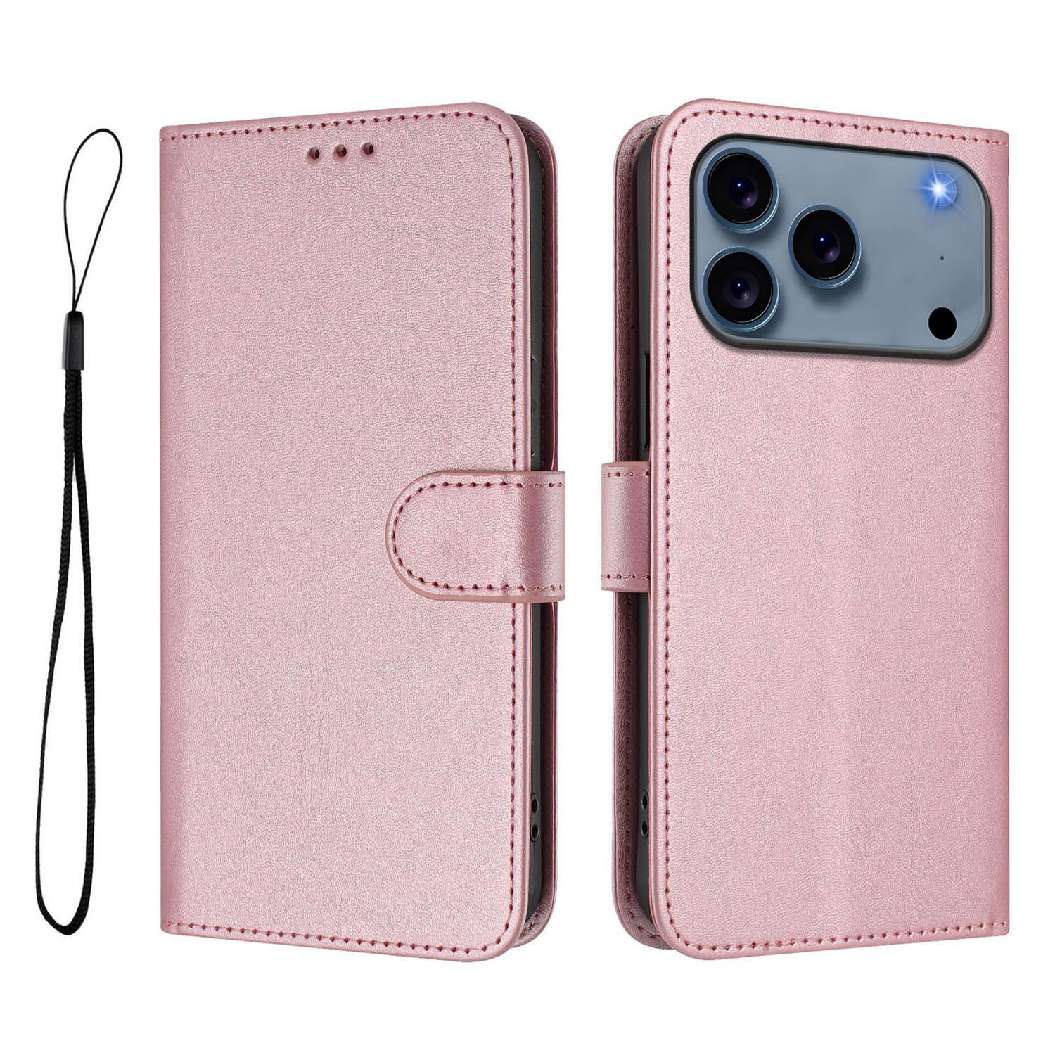 

For iPhone 17 Pro Max Wallet Case RFID Blocking Calf Texture Leather Stand Phone Cover with Strap Pink
