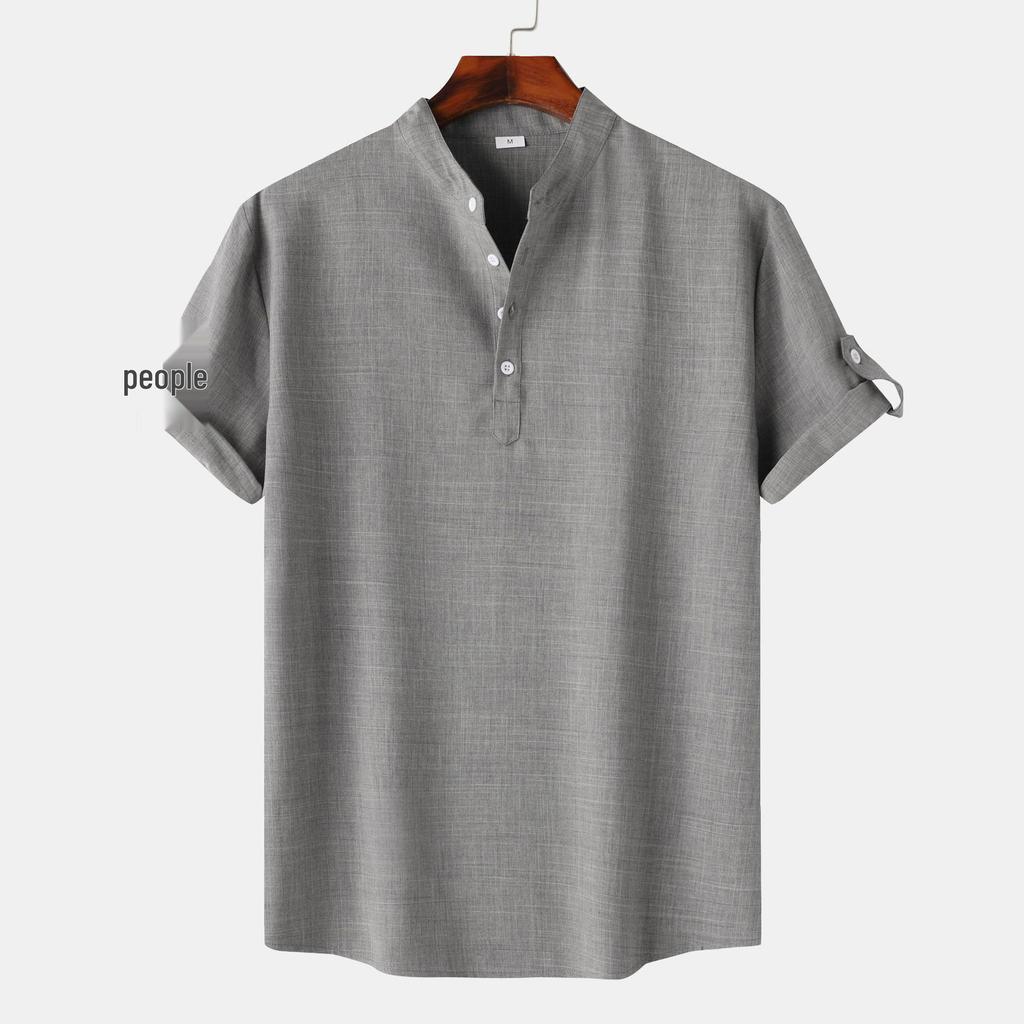 Men's Slim-Fit Stand-Up Collar Solid Color Short-Sleeve Shirt, 2024 Spring/Autumn Collection