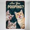 Vintage Crisscross Pattern Metal Sign 'Are You POOPING?' with Cats - Dark Teal Background Rusty Edges Humorous Bathroom Decor Ti
